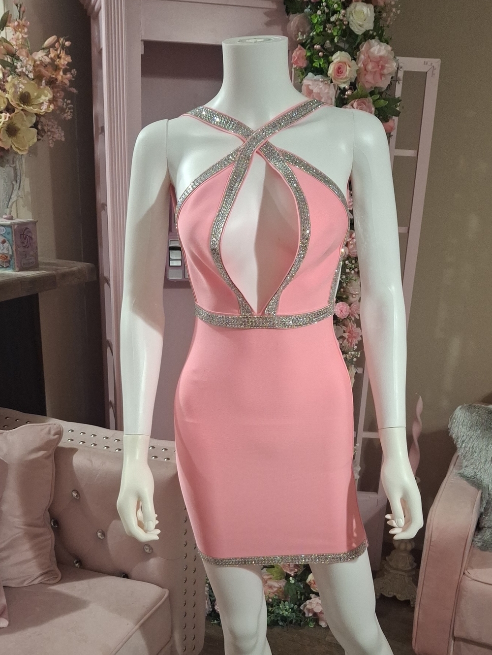 Pink Rhinestone Embellished Plunge Halter Bodycon Mini Dress NWT Size XS - Picture 8 of 8